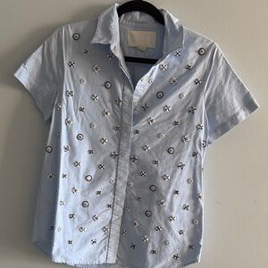 J Crew Collection Embellished Blue Oxford Beaded Shirt Collared Prep